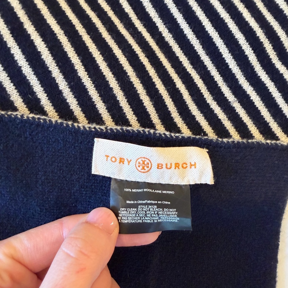 Tory Burch Striped Wool Scarf in Navy and Cream - Picture 2 of 3